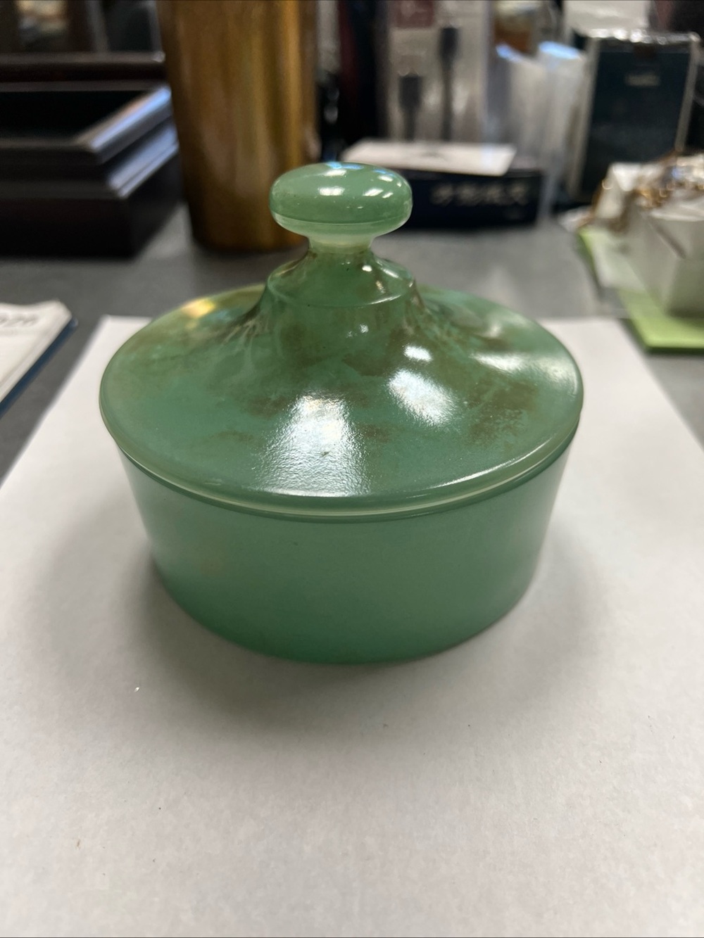 Green Jade art glass jewelry trinket Decorative Lidded Jar - Home Accent
